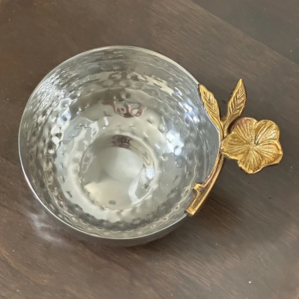 Hammered Silver Tone Metal Bowl with Gold Tone Flower Handle Made in India